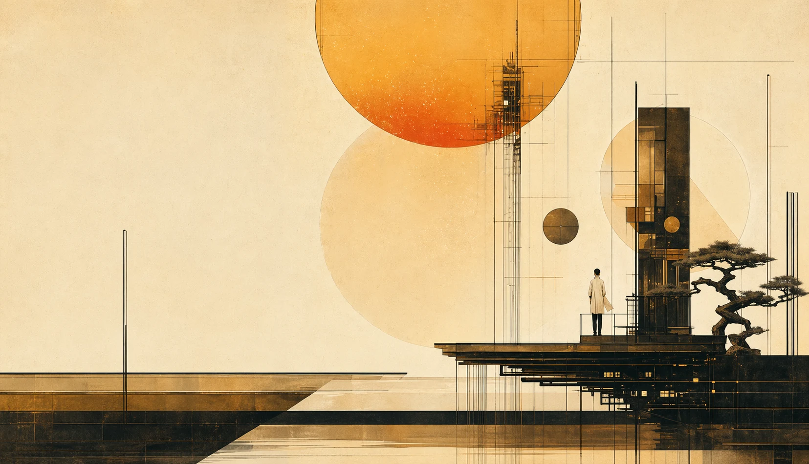 A quiet illustrated platform of amber circles and slim towers with a lone figure studying it.