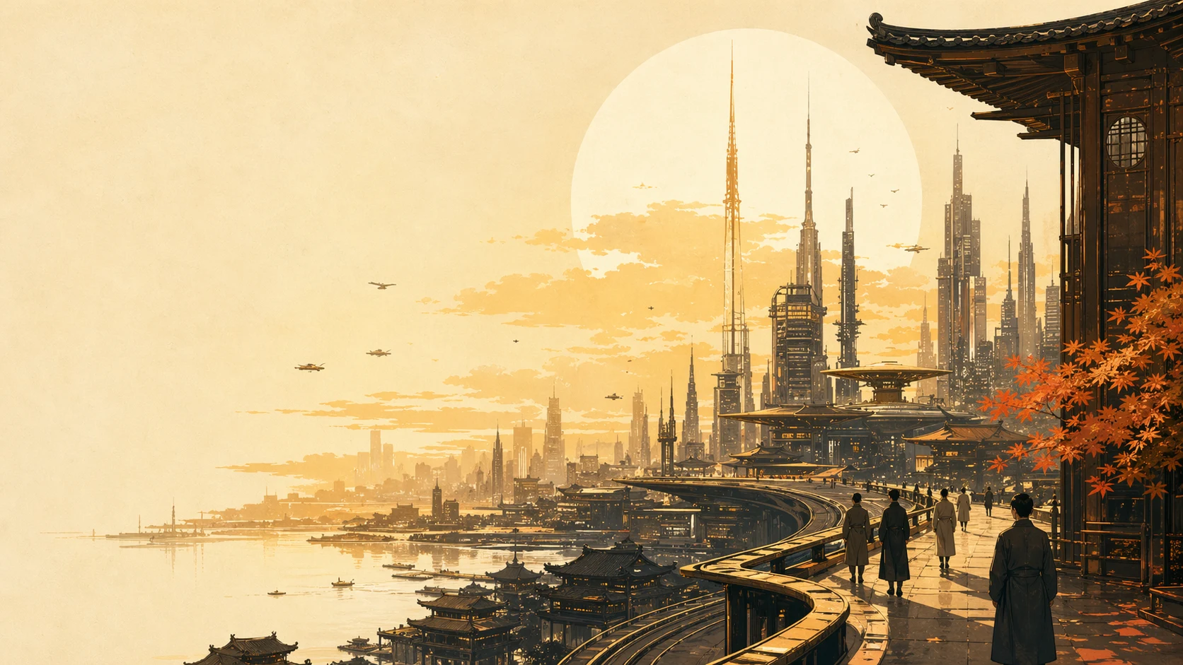 A warm illustrated marketplace skyline at golden hour, lanterns and storefronts glowing toward the horizon.