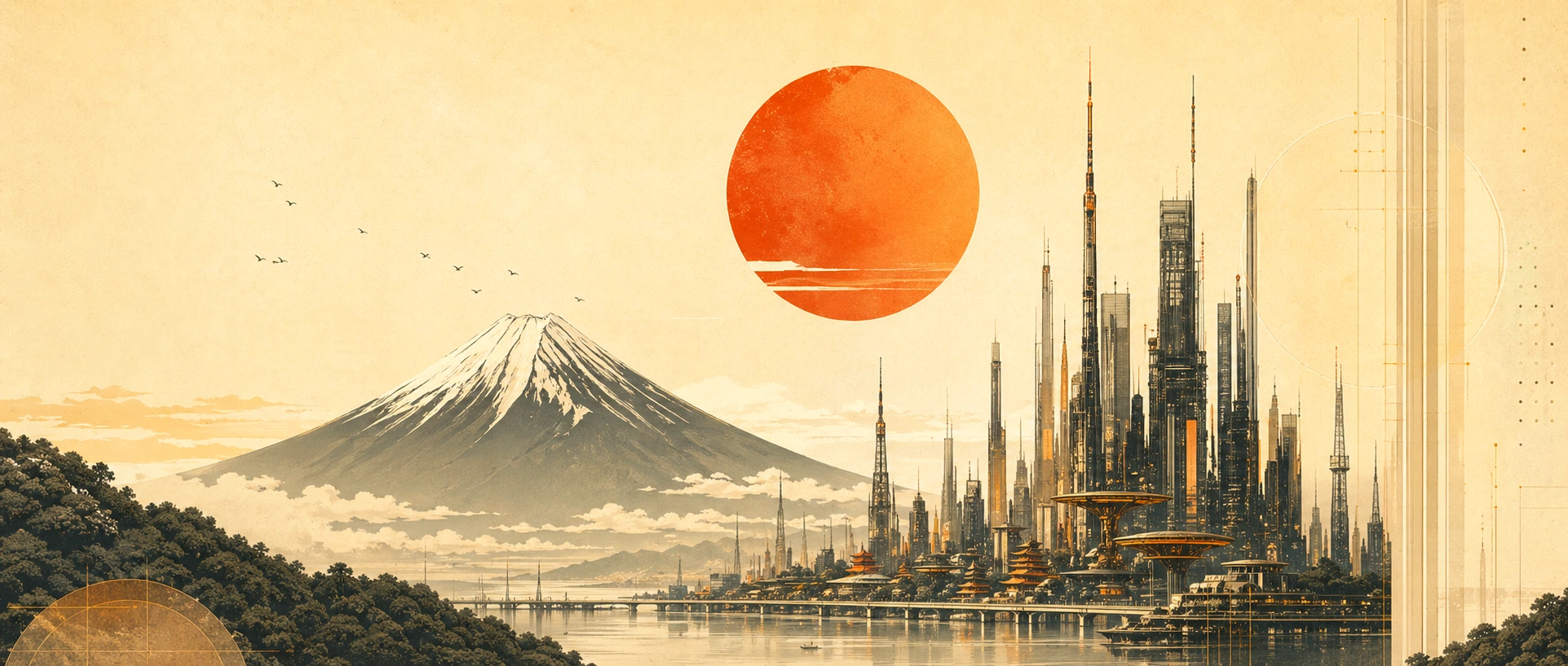A warm horizon and glowing marketplace beneath a low sun.