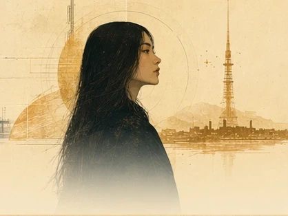 Illustrated portrait of an Etsy seller near a gold disk.