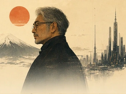 Illustrated portrait of an Etsy seller before vertical towers.