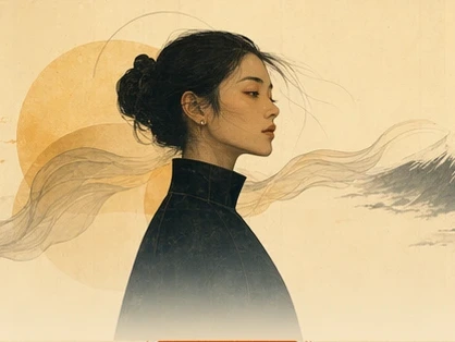 Illustrated portrait of an Etsy seller before a mountain horizon.