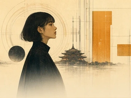 Illustrated portrait of an Etsy seller near circular geometry.